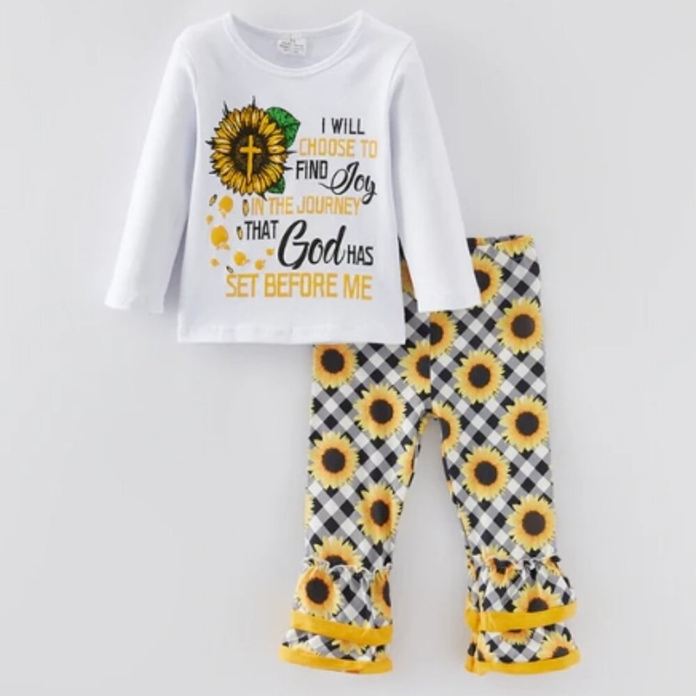 Boutique Sunflower God's Journey Shirt & Ruffle Leggings Girls Outfit Set